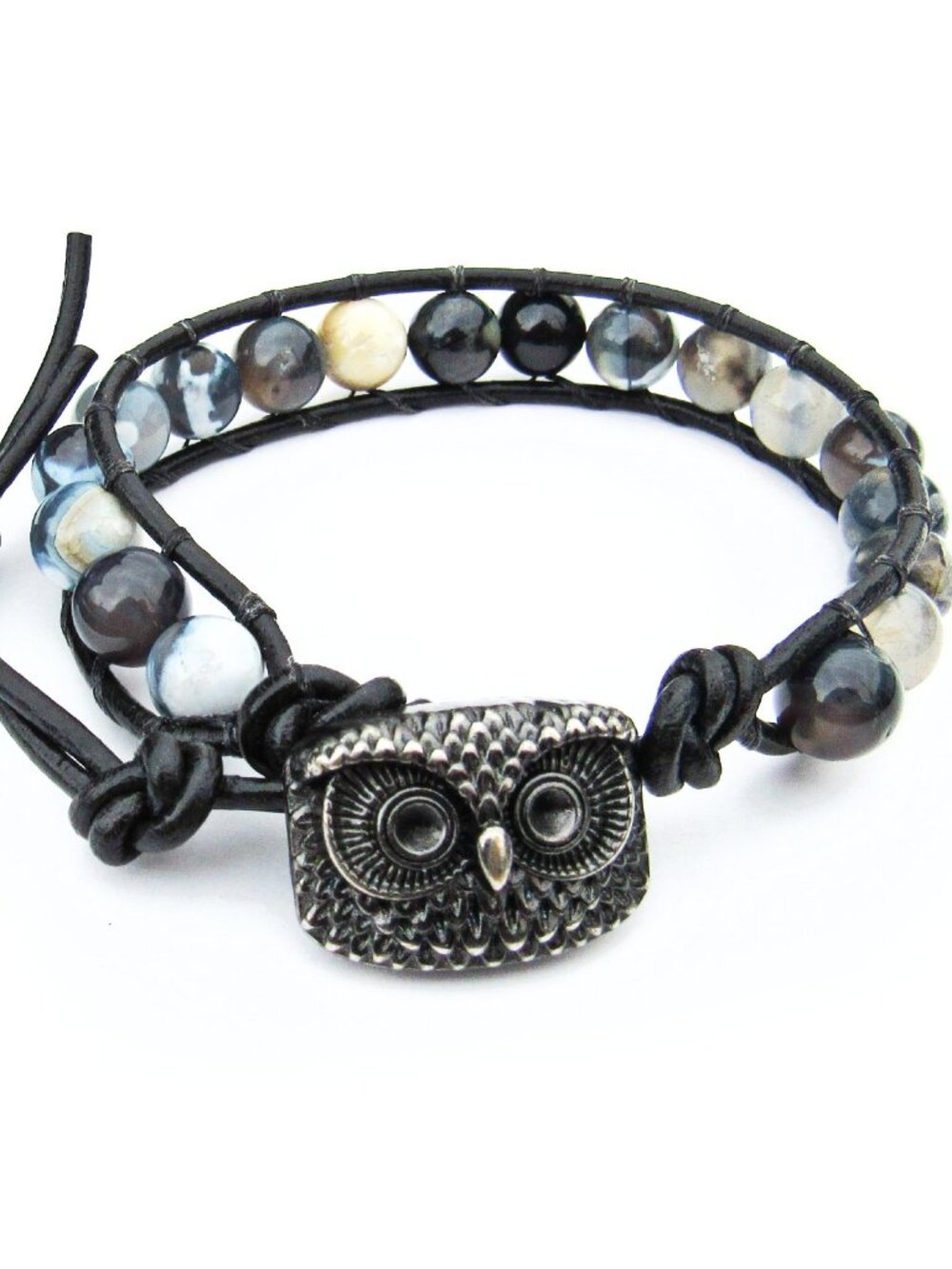 Blue Montana Moss Agate Stone and Leather, Gun Metal Owl Button Bracelet
